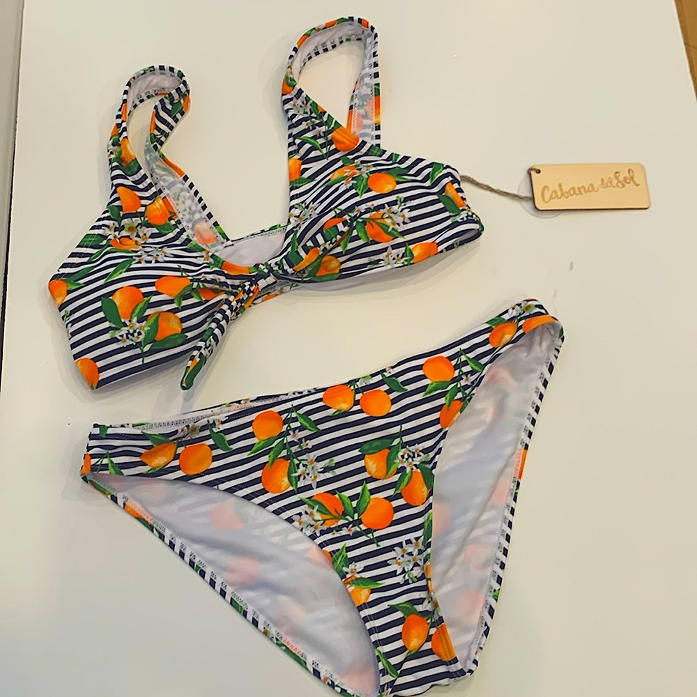NWT Cabana Del Sol‎ Orange Print Blue Stripes Bathing Suit Bikini Size Large